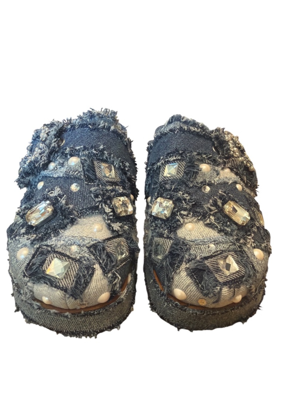 Gianni Bini Embellished Denim Patchwork Platform Mules Rhinestone Pearl 8.5 - Picture 3 of 8